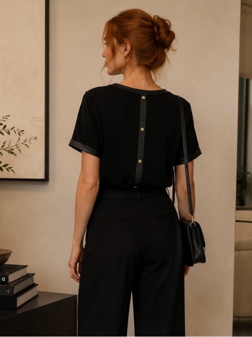 NWT Anne Klein Black Short Sleeve Leather Trim Button-Back Tee